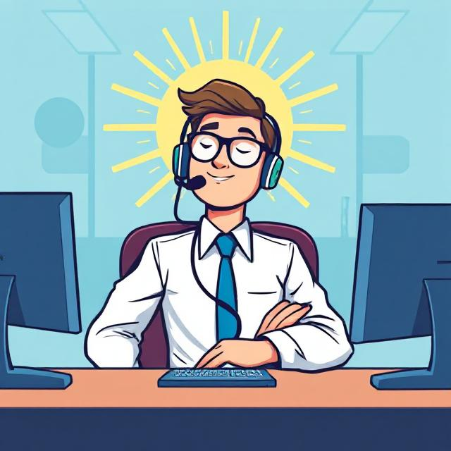 An agent at a call center smiling and relaxed