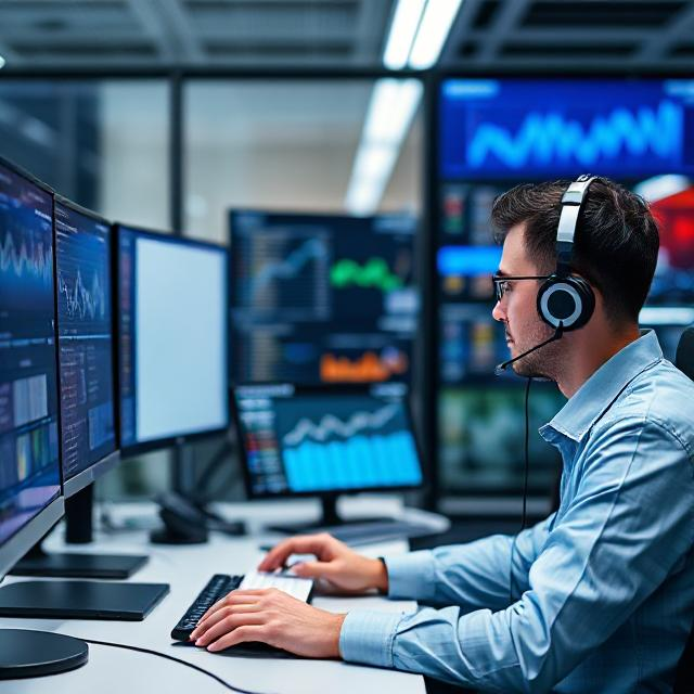 Man at call center reviewing data