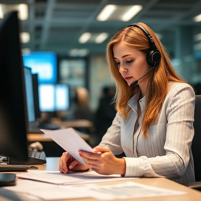 Woman working at call center reviewing paper reports the old fashioned way