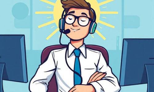 An agent at a call center smiling and relaxed