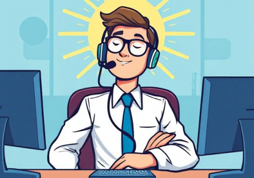 An agent at a call center smiling and relaxed