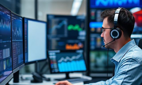 Man at call center reviewing data