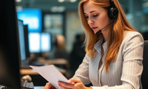 Woman working at call center reviewing paper reports the old fashioned way