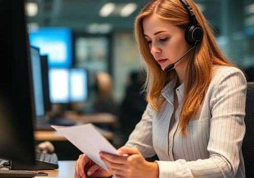 Woman working at call center reviewing paper reports the old fashioned way